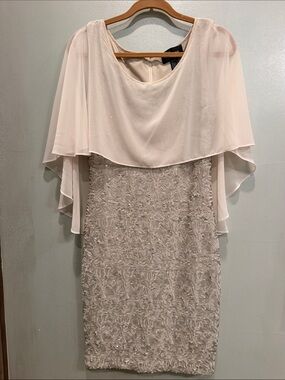 Frank Lyman Design Soft Cream  Lace Midi Dress with Draped Cape